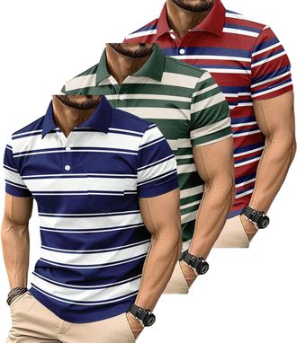 Generic 3 Pack Mens Fashion Color Block Polo Shirts Casual Short Sleeve T Shirt Striped Moisture Wicking Golf Shirts Tops (UK, Alpha, 3XL, Regular, Regular, 2