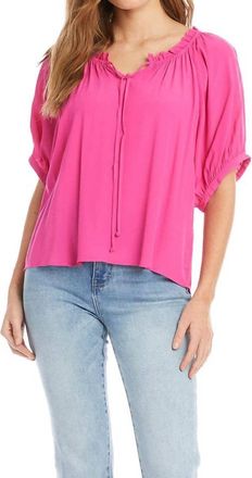 Karen Kane Paige Short Sleeve Ruffle Tie-Neck Top In Bright Pink
