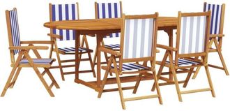 vidaXL vidaXL 7 Piece Garden Dining Set Blue and White Fabric and Solid Wood