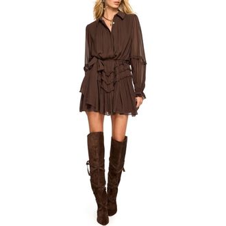 Ramy Brook Maya Ruffle Detail Long Sleeve Silk Mini Shirtdress in Heritage Brown at Nordstrom, Size Xx-Large
