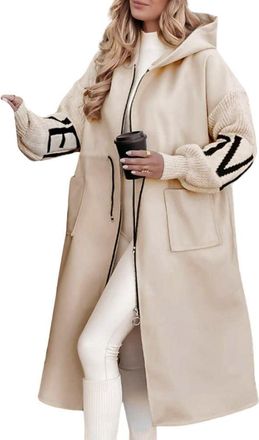 Generic Womens Casual Knitted Sleeve Wool Trench Coat Zip Up Hooded Wool Blend Overcoat with Pockets (Apricot,3XL)