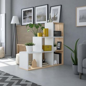 Dmora Librer&iacute;a Cincinnati, Librer&iacute;a De Doble Cara Con 6 Compartimentos, Estanter&iacute;a Divisoria Para Oficina, Cm 108x28h110, Blanco Y Roble, Con Embalaje Refor