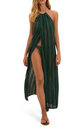 Vix Cloe Stripe Halter Semisheer Cover-Up Dress in Green at Nordstrom, Size X-Large
