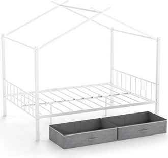 Costway Double Size House Bed Heavy-Duty Metal Platform Bed w/2 Drawers-White