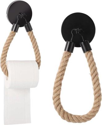 OEM Portarrollos De Papel Higi&eacute;nico De Madera Y Metal - Dise&ntilde;o Vintage - 1 Pieza - Soporte De Pared Con Cuerda De C&aacute;&ntilde;amo (negra)