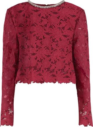Self Portrait Lace Top met Kristallen - Dames - Longsleeves - Rood - XS - Polyester - Tops