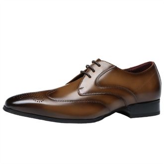 Generic Dress Oxford Shoes for Men Lace Up Square Toe Brogue Embossed Wing tip Leather Rubber Sole Non Slip Block Heel Prom(Light Brown,5.5 UK)