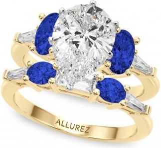 Allurez Pear Lab Grown Diamond & Oval Blue Sapphire Bridal Set 18K Yellow Gold (5.17ct)