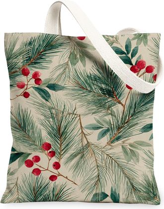 Generic Botanical Canvas Tote Bags, Holiday Pine and Berry Pattern Reusable Grocery Bags, Vintage Linen Lightweight Washable Should, Beige, 13x15 Inch