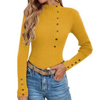 Generic Womens Jumpers Ladies Mock Turtle Neck Slim Fitted Long Sleeve Turtle Neck Ribbed Knit Tops Casual Warm Plain Knitwear(Yellow, XL)