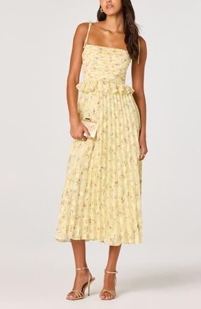 ASTR the Label Emerys Metallic Floral Pleated Midi Dress in Yellow Floral at Nordstrom, Size Medium