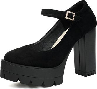 Generic Womens Fashion Low Toe Round Toe Platform Pumps Ankle Strap Buckle Chunky Ultra High Heels Mary Jane Court Shoes (Black,7.5)