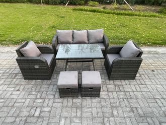 Fimous 7 Seater Rattan Wicker Garden Furniture Patio Conservatory Sofa Set with Rectangular Dining Table Reclining Chair in Dark Grey