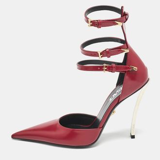 Versace Burgundy Brushed Leather Pin-Point Ankle Strap Pumps