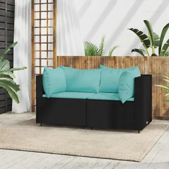 vidaXL Sof&aacute;s De Esquina Jard&iacute;n Con Cojines 2 Uds Rat&aacute;n Sint&eacute;tico Negro Vidaxl