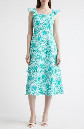 Anne Klein Floral Ruffle Tiered Midi Dress in Crispt White/Beryl Green at Nordstrom, Size 10