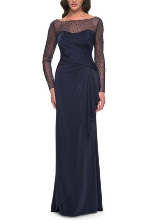 La Femme Sleek Long Evening Dress with Ruching and Illusion Top in Navy at Nordstrom, Size 12