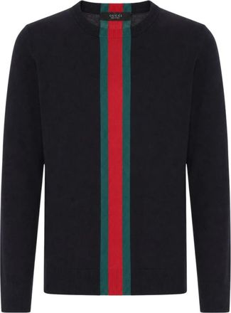Gucci Gebreide katoenen trui met Web Intarsia - Heren - Ronde hals truien - Blauw - M - Katoen - Truien & Vesten