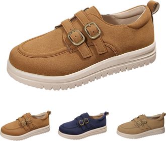 Generic Suede Loafers Flats for Women Slip On Casual Walking Shoes Lightweight Womens Solid Round Toe Low Top Chunky Platform Loafers Classic Buckle Strap Non