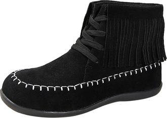 Generic Winter Ladies Retro Suede Ankle Boots with Tassel Decoration Fashion Flat Bottom Lace Up Design Comfortable Short Booties for Women Casual Wear (Black