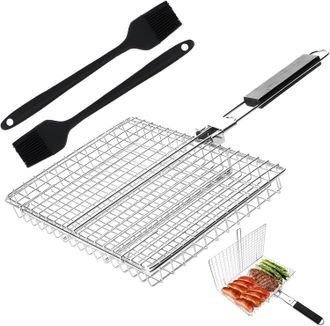 OEM Cesta Para Barbacoa De Acero Inoxidable, Barbacoa Plegable Con 2 Cepillos De Silicona, Cesta Para Barbacoa Con Asa Extra&iacute;ble Para Camping Y Barbacoa, 