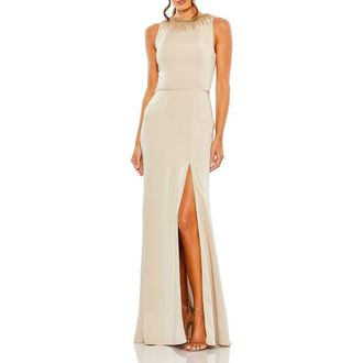 Mac Duggal Womens Embellished High-Neck Sleeveless Column Gown in Champagne at Nordstrom, Size 12