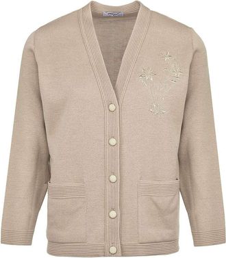 Generic New Senior Ladies Classic Cardigan Embroidery Long Sleeve Pockets Elderly Women (2XL, Beige Embroidery)