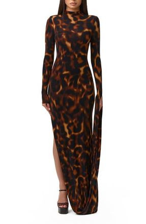 Naked Wardrobe Draped Long Sleeve Maxi Dress in Tortoise at Nordstrom, Size X-Small