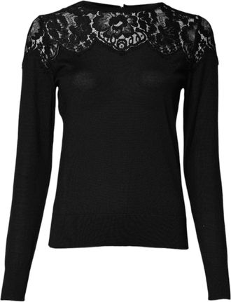 Dolce & Gabbana Womens Black Floral Lace Long Sleeves Blouse Top Cashmere Silk Cotton Nylon