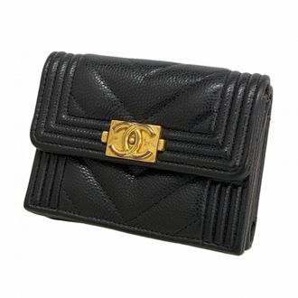 Chanel Black Grained Calfskin Wallet (Tri-Fold) (Pre-Owned)
