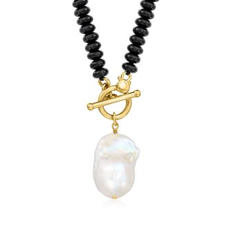 Ross-Simons 13-15mm Cultured Baroque Pearl and 6mm Onyx Bead Toggle Necklace in 18kt Gold Over Sterling
