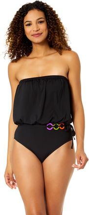 Anne Cole Womens Mod Tropical Black Strapless Belted Ring One Piece Swimsuit at Nordstrom, Size 10