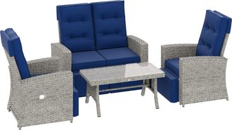 OUTSUNNY 4 Piece Rattan Garden Furniture Set with Sofa - Glass Table - Blue | TJ Hughes