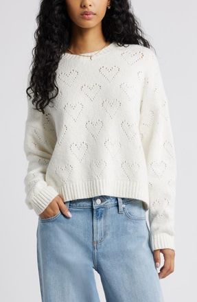 BP. Pointelle Heart Cotton Blend Sweater in Ivory at Nordstrom, Size Xx-Small