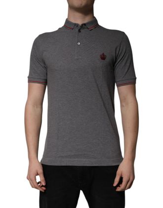 Dolce & Gabbana Mens Crown Embroidered Polo Shirt - Grey Cotton - Size EU 44 (Mens)