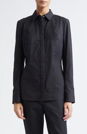Nellie Partow Natalia Pintuck Cotton Poplin Button-Up Shirt in Black at Nordstrom, Size 12