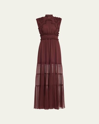 Ulla Johnson Verona Smocked Silk Turtleneck Gown