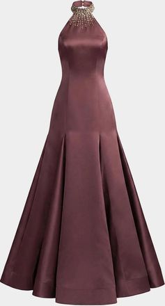 Mac Duggal Beaded Satin Sleeveless Godet Gown