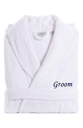 Linum Home Textiles Navy Embroidered Groom Terry Bathrobe in White at Nordstrom Rack, Size Large/x-Large