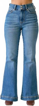 Judy Blue Womens Tummy Control Petite Flare Double Button Waist Band Jeans In Medium Wash