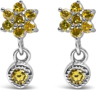 House of Brilliance 925 Sterling Silver 1/10 Cttw Yellow Diamond Star Stud with Bezel Drop Dangle Earrings