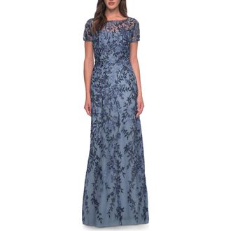 La Femme Floral Beaded Evening Dress with Sheer Cap Sleeves in Slate at Nordstrom, Size 10