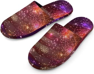 Generic Independence Day U.S. Flag Firework Mens Slippers Flannel Warm House Shoes with Rubber Anti-Slip Sole Slip On for Home Outdoor