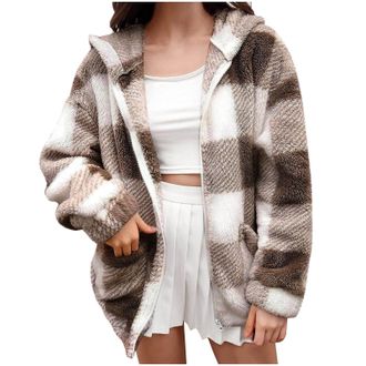 Generic Outerwear for Women Fleece Jackets Women Comfortable Plus Size Tartan Coats Soft Plush Fluffy Hoodies Casual Zipper Cropped Pockets Jacket Loose Think