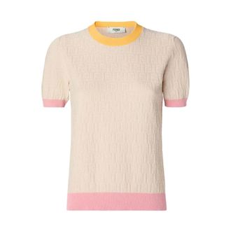 Fendi Round-neck Knitwear, female, Beige, Size: XS Cotton and Silk Crewneck Sweater