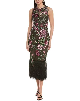 Marchesa Embroidered Floral Midi Dress