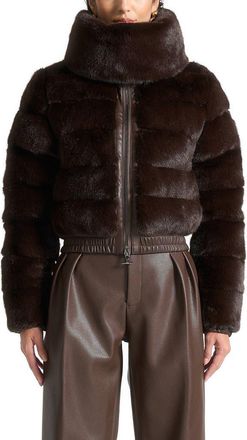 Mani&egrave;re De Voir Ama Plush Ribbed Jacket with Neck Scarf in Brown at Nordstrom, Size 12