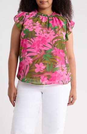Sugarlips Dandi Floral Veda Cap Sleeve Top in Green-Pink-Coral at Nordstrom, Size 1 X