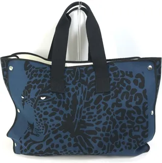 Herm&egrave;s Black Navy Canvas Beach Bag Shoulder Bag Tote Bag (Pre-Owned)