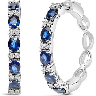 House of Brilliance 14K White Gold Oval Blue Sapphire & 1/4 Cttw Diamond Alternating Hoop Earring at Nordstrom